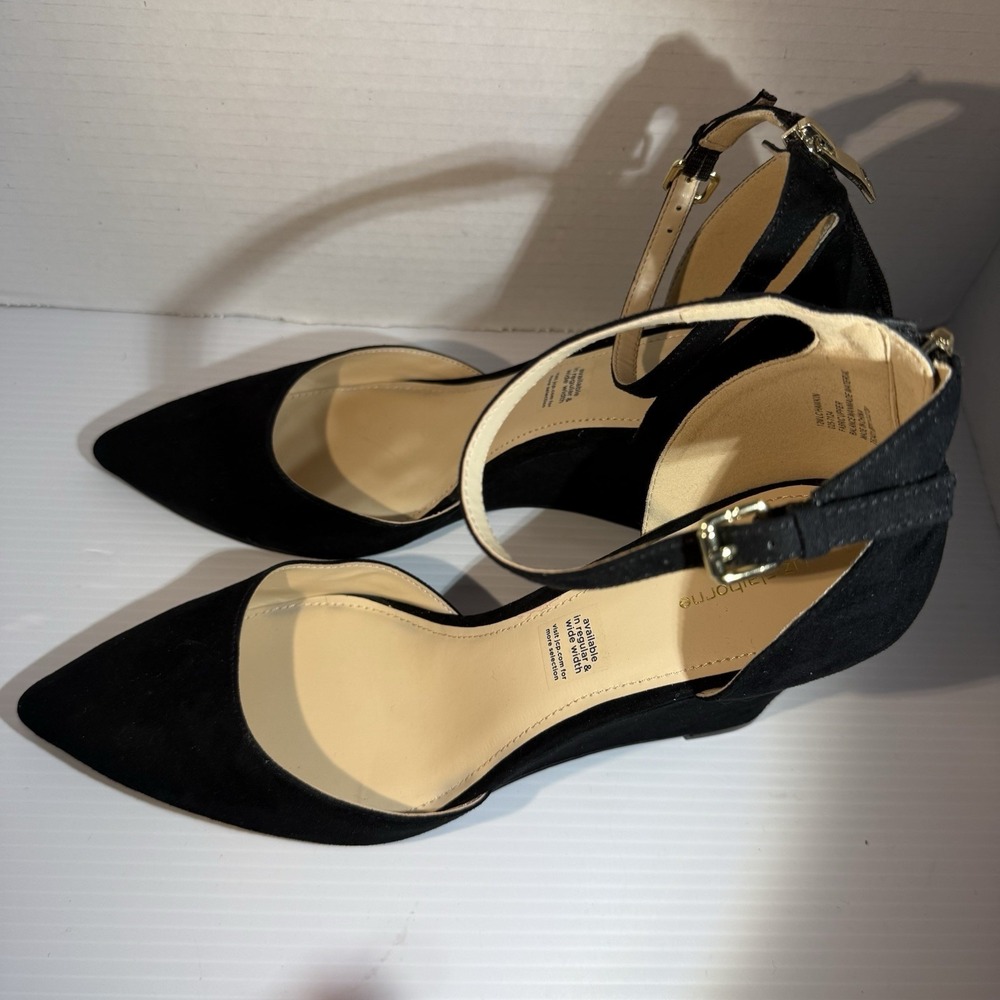 Liz Claiborne Hawkin Pointed Toe Ankle Strap Faux Suede Black Wedge Heels 12 M - Picture 3 of 15